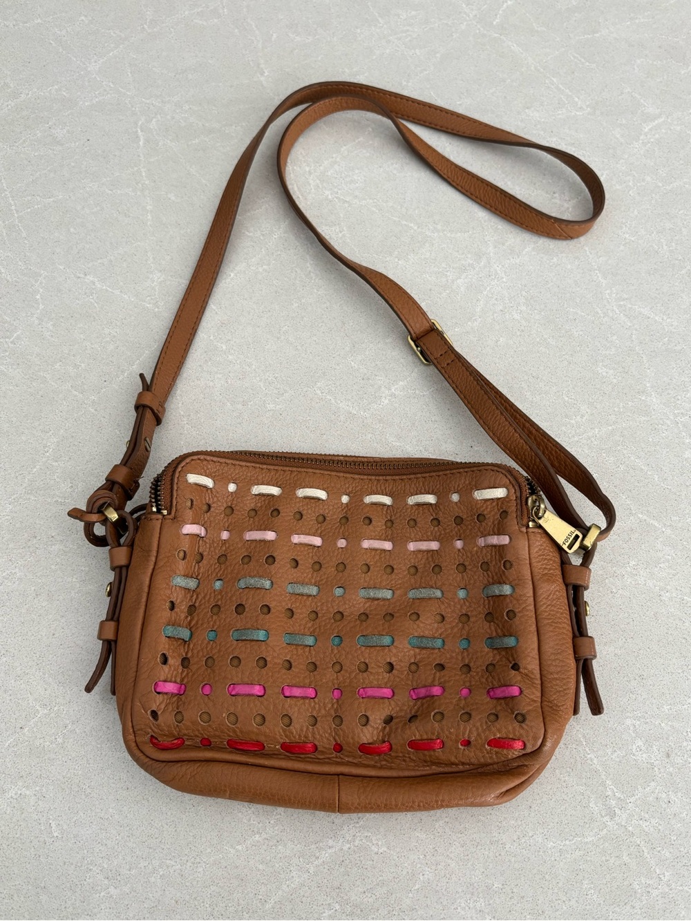 Fossil Piper Toaster Leather Crossbody Bag Perforated Multi-Color Woven Accent